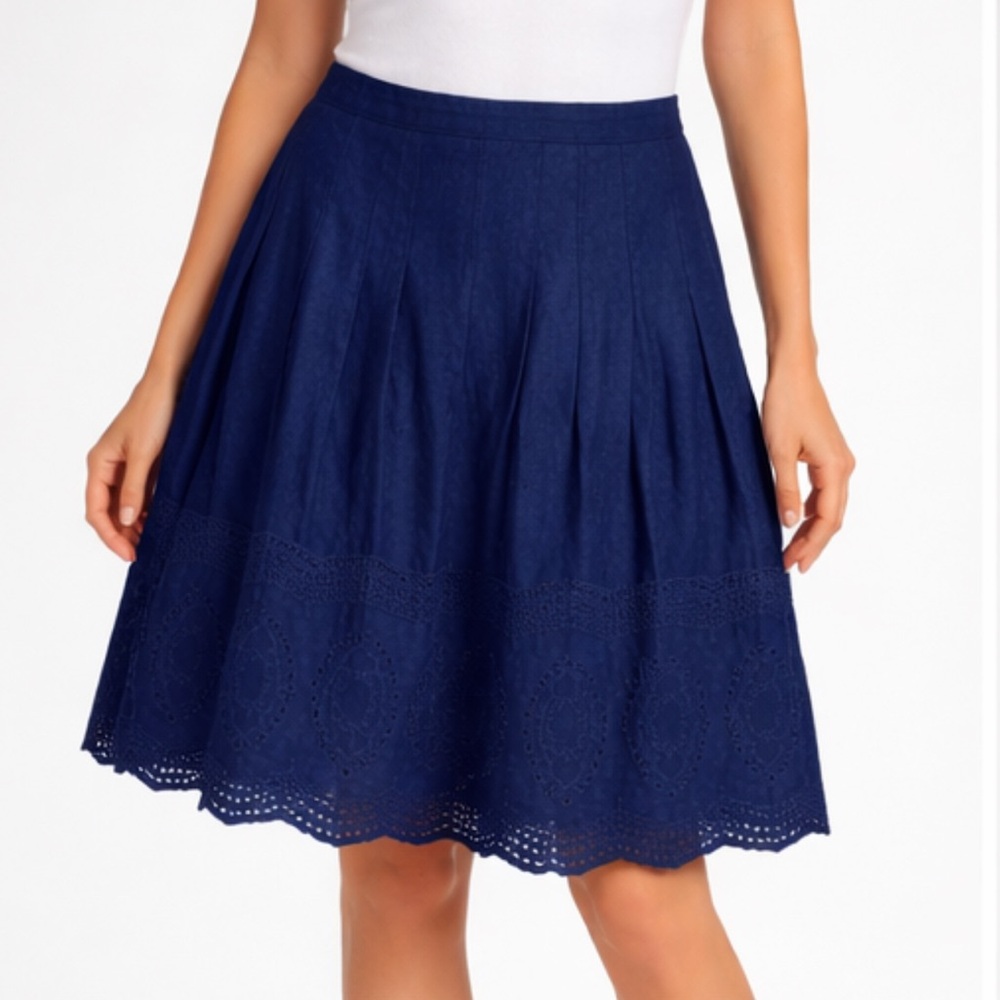 Chico's Deep Blue Pleated Eyelet A-Line Midi Skirt Ladies 00